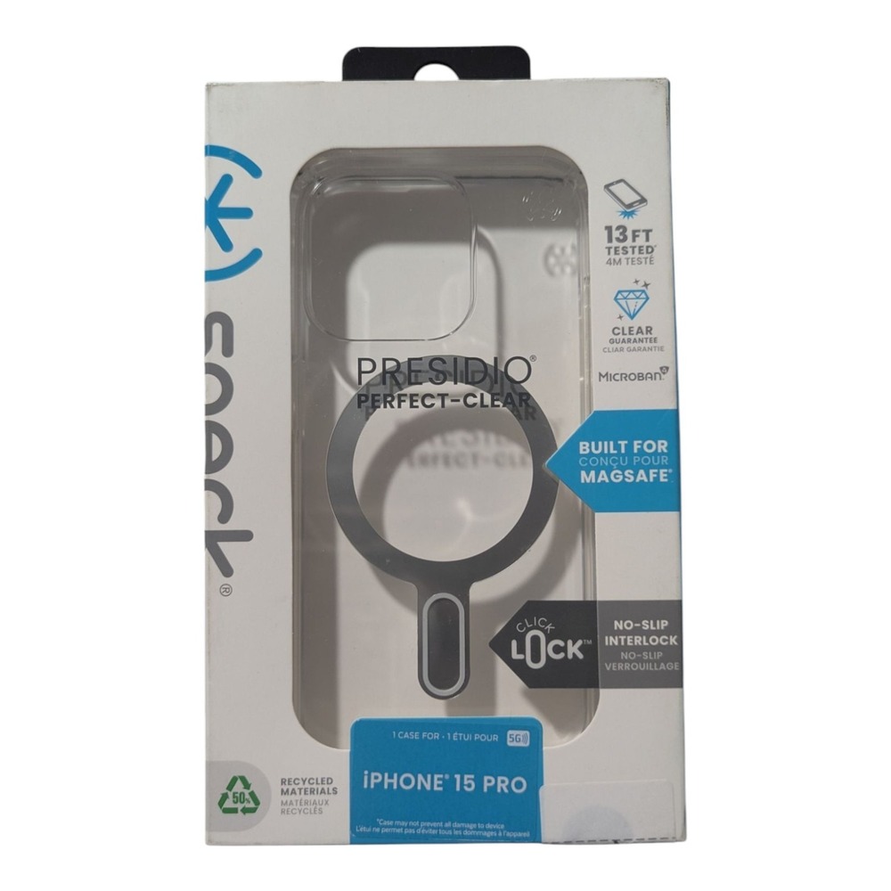B2. Speck Presidio Perfect-Clear Click-Lock MagSafe Case for Apple iPhone 15 Pro